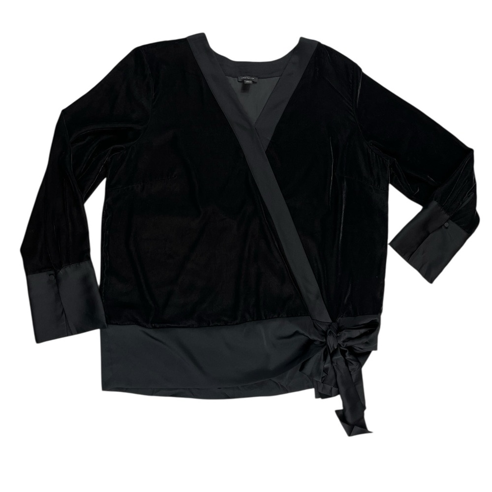 Ann Taylor Black w/ Charcoal Gray undertone Faux Wrap-Style Velvet Top Size XL